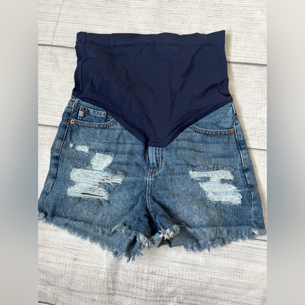 Pink Lily Navy Panel Distressed Denim Maternity Shorts